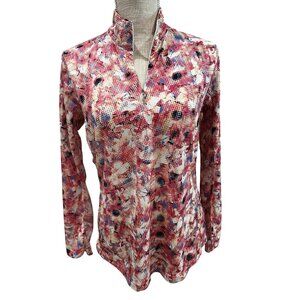 EP New York Bold Floral Pattern Long-Sleeve Zip-Up Blouse Womens M